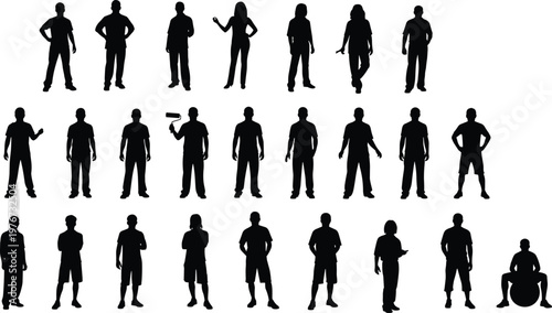 Silhouette people illustration, diverse human poses vector, standing figures design, casual stances artwork, exercise ball sitting, paint roller worker concept