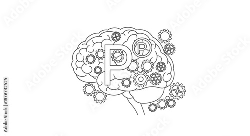 Vászonkép Conceptual Human Brain Line Art Illustration with Gears and Letter P Symbol Vect