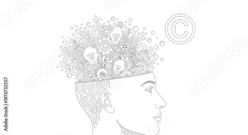 Creative Human Mind with Light Bulbs and Gears Line Art Illustration of Innovation and Copyright