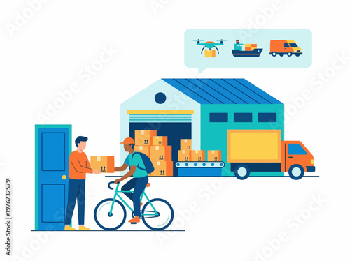 Professional vector illustration of a bicycle delivery person handing over a cardboard parcel to a customer near a large warehouse facility for logistics supply chains