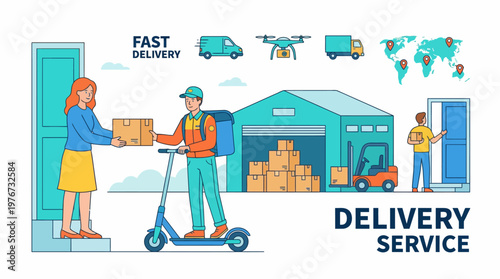 Delivering Happiness: Modern vector art depicting a professional courier handing a shipment to a cheerful customer.