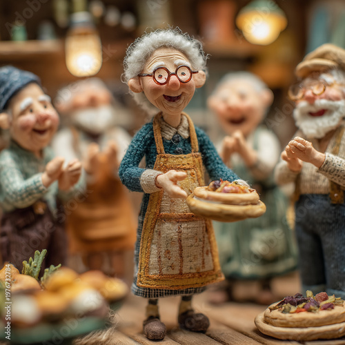 Warm bakery scene with joyful elderly figures. Hands hold fresh pies, smiles brighten faces. Clapping friends celebrate in cozy, rustic shop. Perfect for stories of community, warmth, and tradition