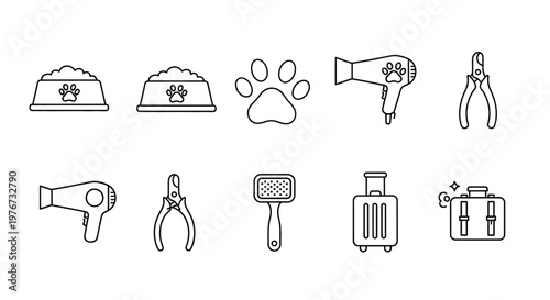 Pet grooming icons display a collection of outline drawings including food bowls, paw prints, hair dryers, nail clippers, brushes, and travel carriers for animal care.