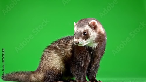 A ferret with dark fur and a white face is sitting on a green background, looking to the right.