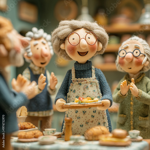 Warm, smiling grandmother holds a tray of food. Her family claps, sharing joy and warmth. Dining table offers bread, cups, and comfort. Ideal for family gatherings, holiday scenes, or cozy interiors