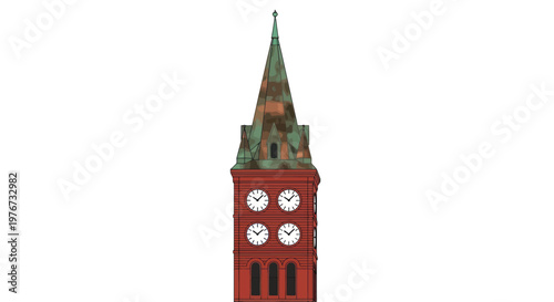 Clock tower, red brick, green roof, vector illustration, architectural icon, city landmark, clock face