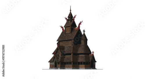 Viking, medieval, wooden church, Norwegian Stave Church, architecture, 3D illustration