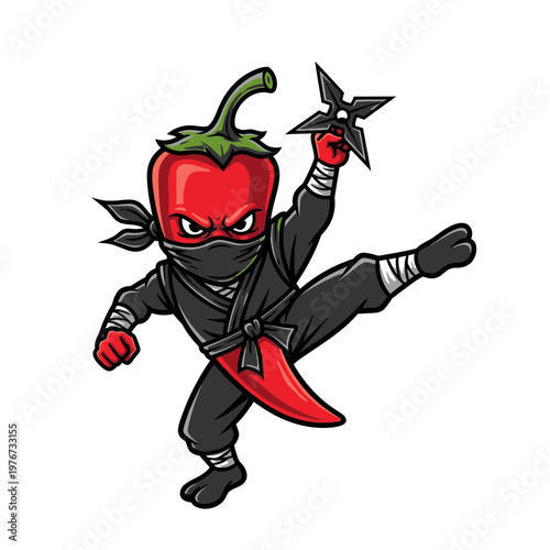 Red chili pepper ninja character in action pose holding a shuriken.