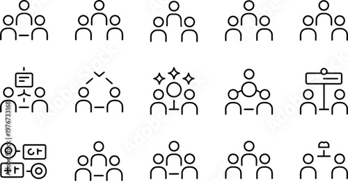 Line icons of people interacting and working together in various group settings
