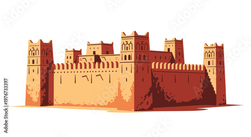 Medieval fortress, ancient castle, red sandstone architecture, vector illustration