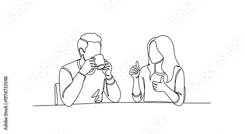 Couple sitting at a table having a conversation while holding cups depicts a relaxed social interaction captured in a minimalist single line drawing art style design.