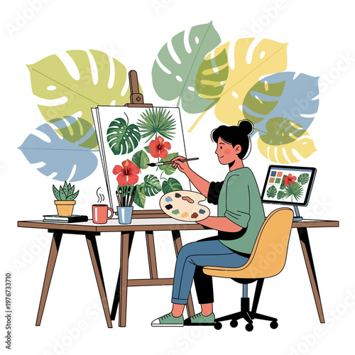 Artist painting tropical leaves and flowers on canvas at desk with digital tablet