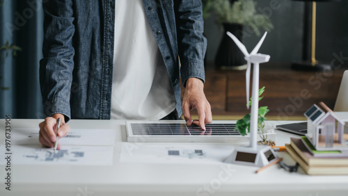 Business eco Alternative, sustainable electricity, business people creating ideas working on green energy