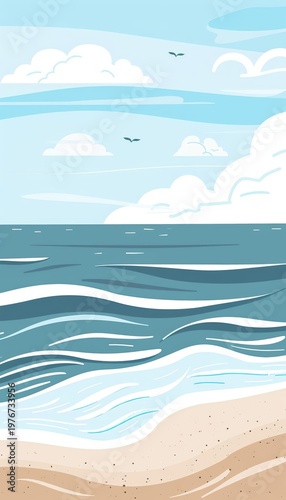 A cute cartoon Style ofA serene beach scene with calm waves and a clear sky
