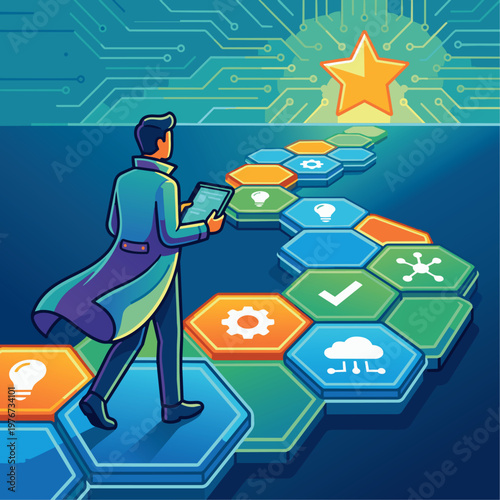 A flat vector graphic showing an AI Solutions Architect walking along a path made of glowing hexagonal tiles. Each tile contains a different symbolic icon (a lightbulb, a gear, a checkmark). 