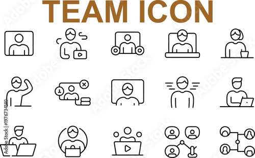 Set of modern line style team icons for business and communication tools  people collaboration