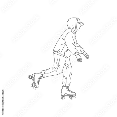 Young person inline skating in dynamic motion line art illustration