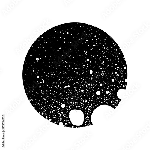 High contrast black and white moon with crater texture and missing piece