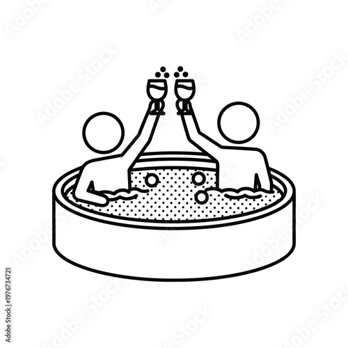 black and white hot tub icon with three wine glasses for relaxation concept