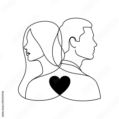 silhouette couple sharing love heart in minimalist line art illustration