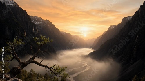 A majestic mountain valley is illuminated by a warm, golden sunrise, with a winding river flowing through a misty floor and a lone tree