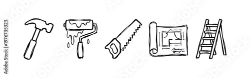 Hand Drawn Home Improvement and DIY Construction Tools Icon Set