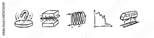 Hand-drawn physics and superconductivity doodle icons set