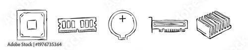 Hand-drawn computer hardware and PC components doodle icons