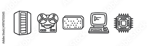 Vintage computing and legacy technology line art icons set