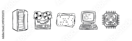 Hand-drawn vintage computing and retro technology doodle icons