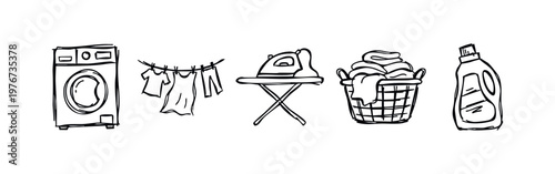 Hand-drawn laundry and domestic housework doodle icons