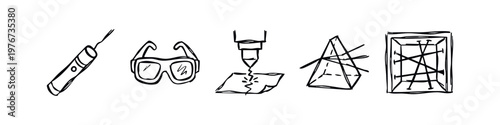 Hand-drawn laser technology and optics doodle icons collection
