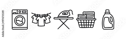 Laundry and clothes washing machine line art icons set