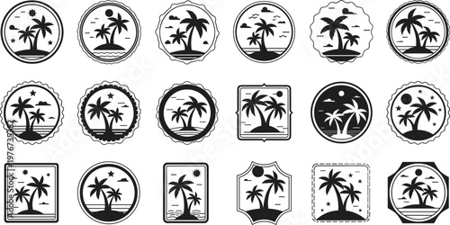 Set of vintage tropical island palm tree logos and 
