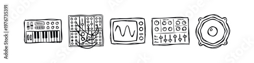 Hand-drawn electronic music studio and synthesizer doodle icons