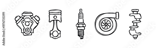 Sketchy Car Engine Parts Icon Set with V8 Engine Piston and Turbocharger