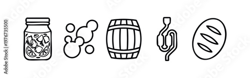 Minimalist Fermentation and Food Production Icon Set including Jar Barrel and Bread