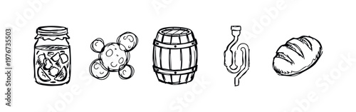 Hand Drawn Fermentation and Food Production Sketches including Jar Barrel and Bread