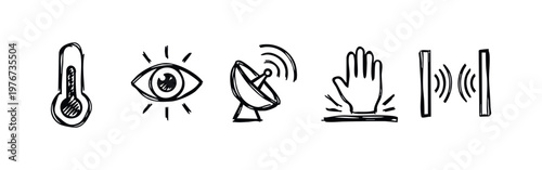 Hand Drawn Security and Technology Sensor Sketches including Thermometer and Eye
