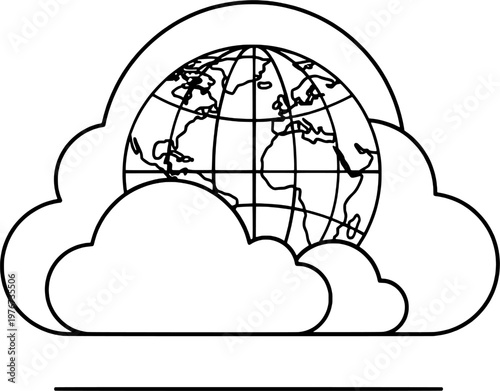 International cloud computing and world network illustration, "Created with AI assistance and manually refined."