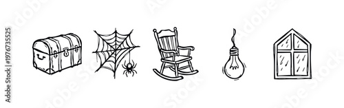 Hand Drawn Attic and Vintage Object Sketches including Chest Spider Web and Chair