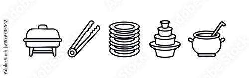Minimalist Line Art Catering Icons Set with Buffet Server Tongs Stacked Plates Chocolate Fountain and Pot