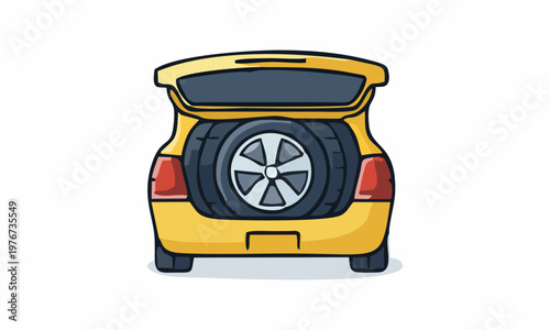 line art color of car with its trunk open displaying a spare tire