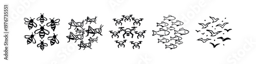 Hand Drawn Swarm and Group Concept Icons with Bees Grasshoppers Drones Fish and Birds