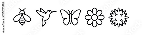 Clean Line Art Garden Icons Set with Bee Hummingbird Butterfly Flower and Seed Pod