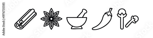 Minimalist Spices and Seasoning Outline Icon Set with Cinnamon Star Anise Mortar and Chili