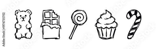 Hand Drawn Sketchy Sweets and Candy Icons: Gummy Bear, Chocolate, Lollipop, Cupcake, and Candy Cane
