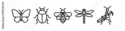 Minimalist Insect Icon Set: Butterfly, Beetle, Bee, Dragonfly, and Praying Mantis Line Art