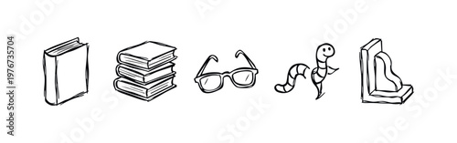 Sketchy Hand Drawn Reading and Book Icons: Library, Stack of Books, Glasses, Bookworm, and Bookend