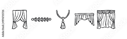 Hand Drawn Sketchy Curtain and Window Treatment Icons: Drapes, Rod, Tassel, and Valance